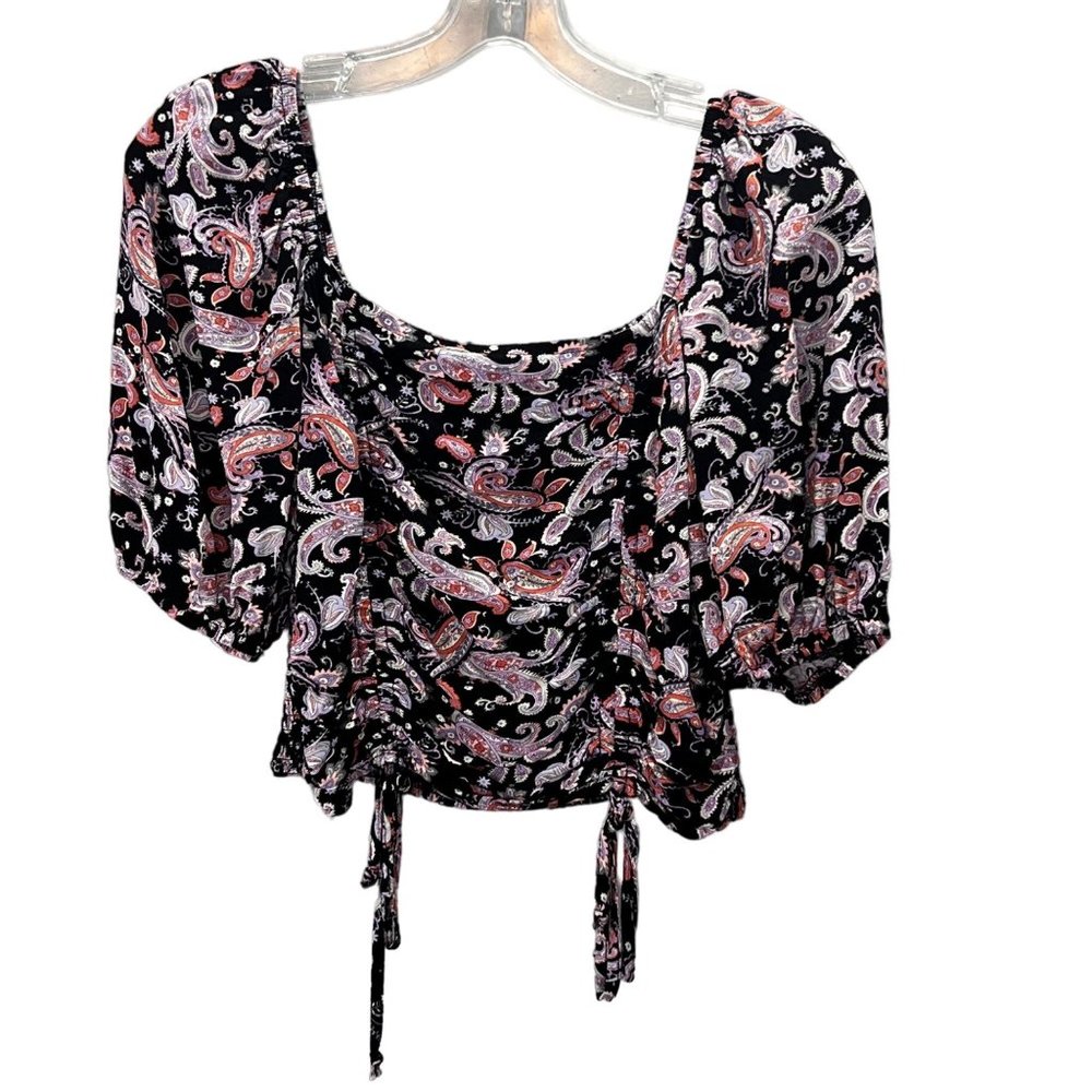 Vylette Boho Paisley Crop Top Ruched Smocked Puff Sleeves size M Black Purple